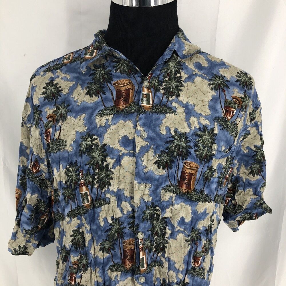 Campia Moda Blue Button Up Tropical Hawaiian Beer Cocktail Beachwear Shirt XL